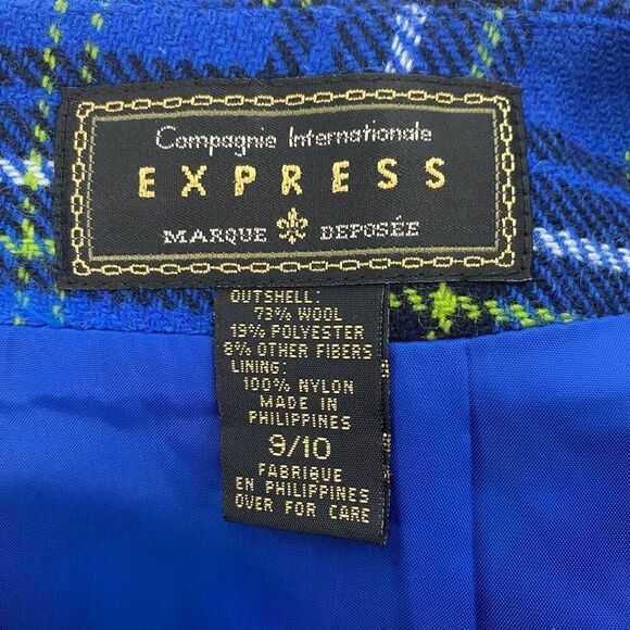 Vintage Juniors Express Wool Blend Blue and Lime Green Plaid Mini Skirt size 9 - Picture 3 of 5